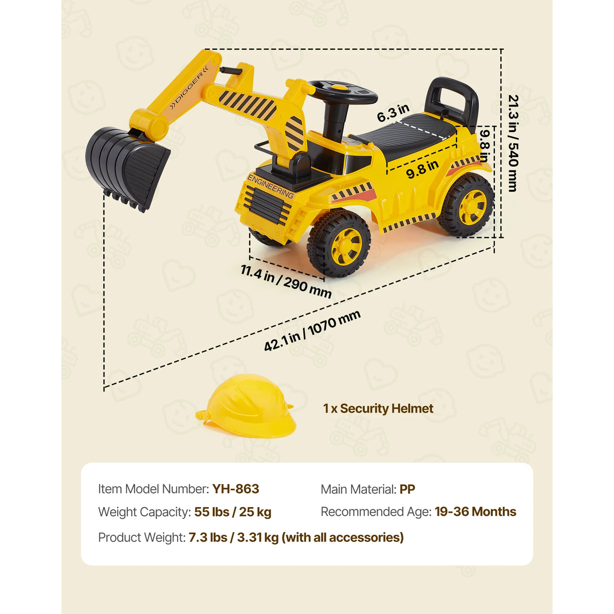 Excavator Digger Ride On Toy Car With Helmet Music For Toddlers Kids
