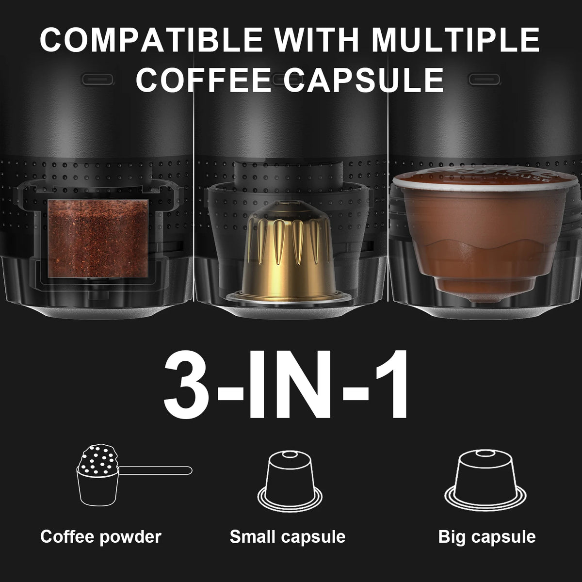 Portable 3-in-1 Espresso Machine – 20 Bar | NS & DG Capsule & Ground Coffee | USB-C Rechargeable | Travel, Camping & Home