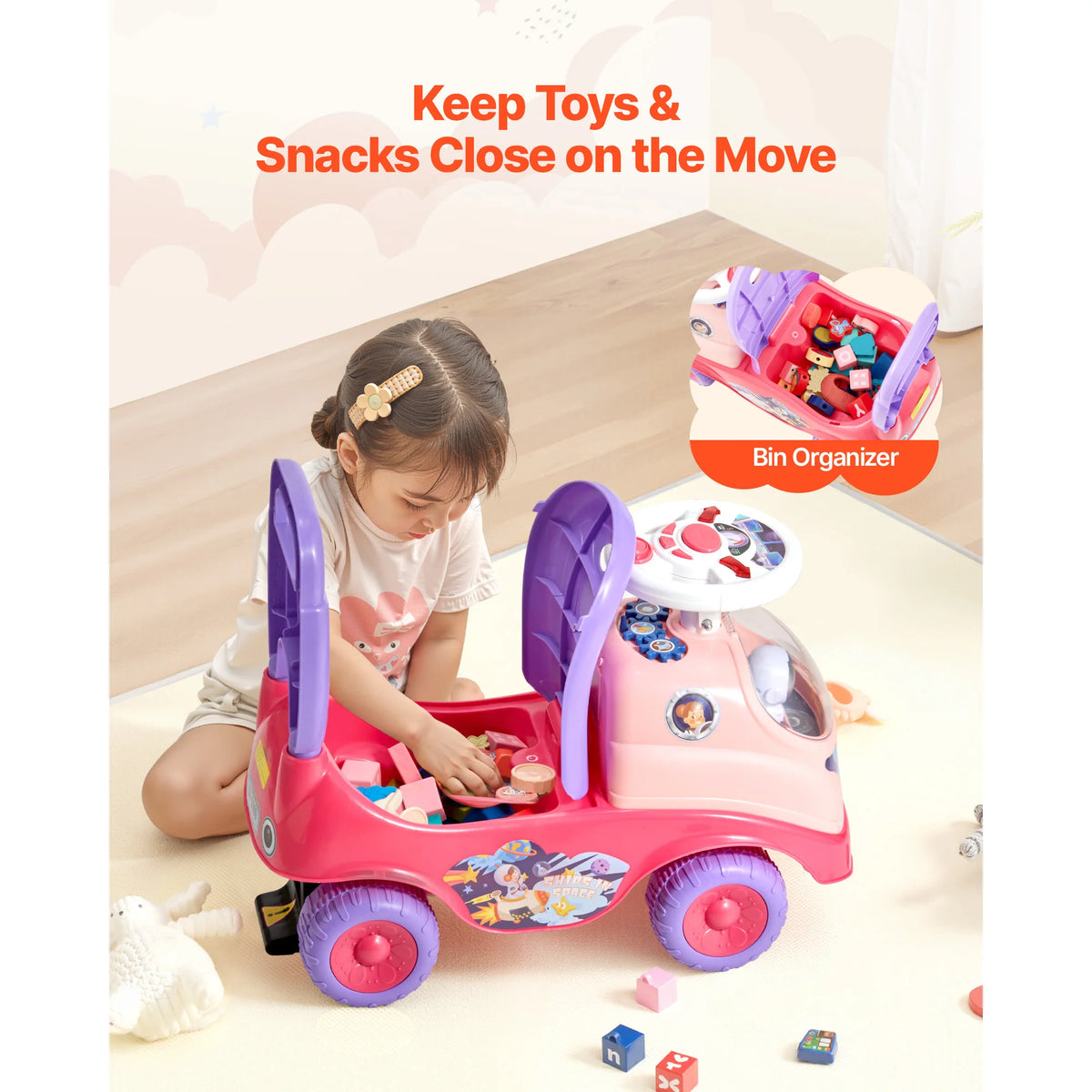 Ride On Push Car With Horn Music Under Seat Storage For Toddlers Girls