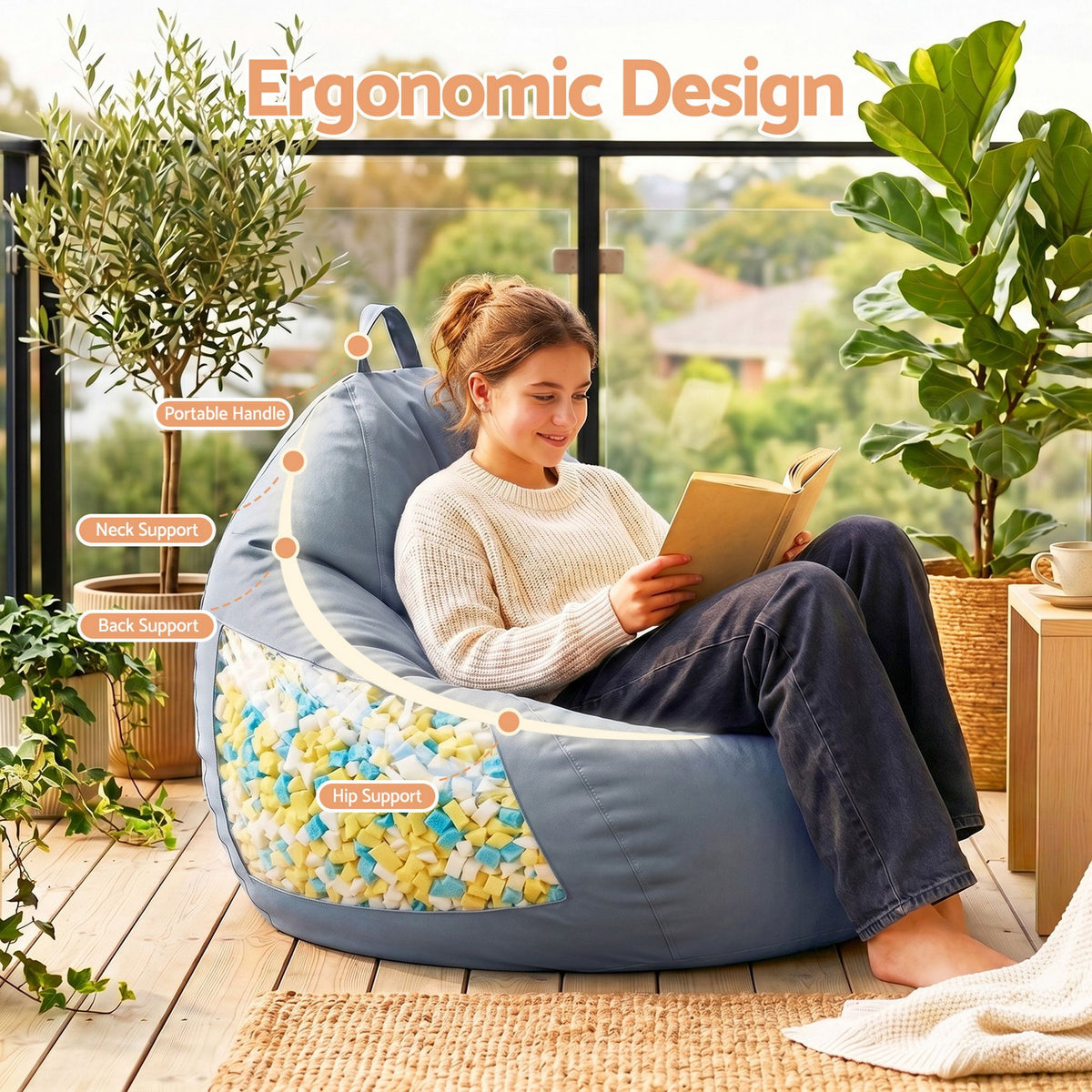 Artiss Indoor Outdoor Bean Bag Chair with Memory Foam Filling Grey
