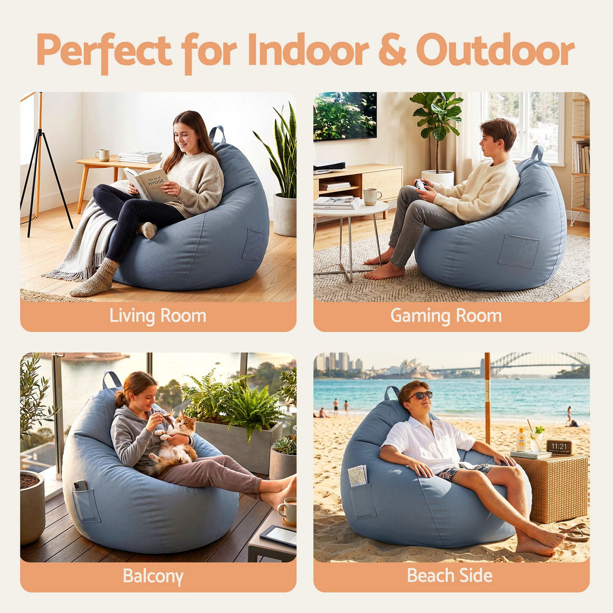 Artiss Indoor Outdoor Bean Bag Chair with Memory Foam Filling Grey