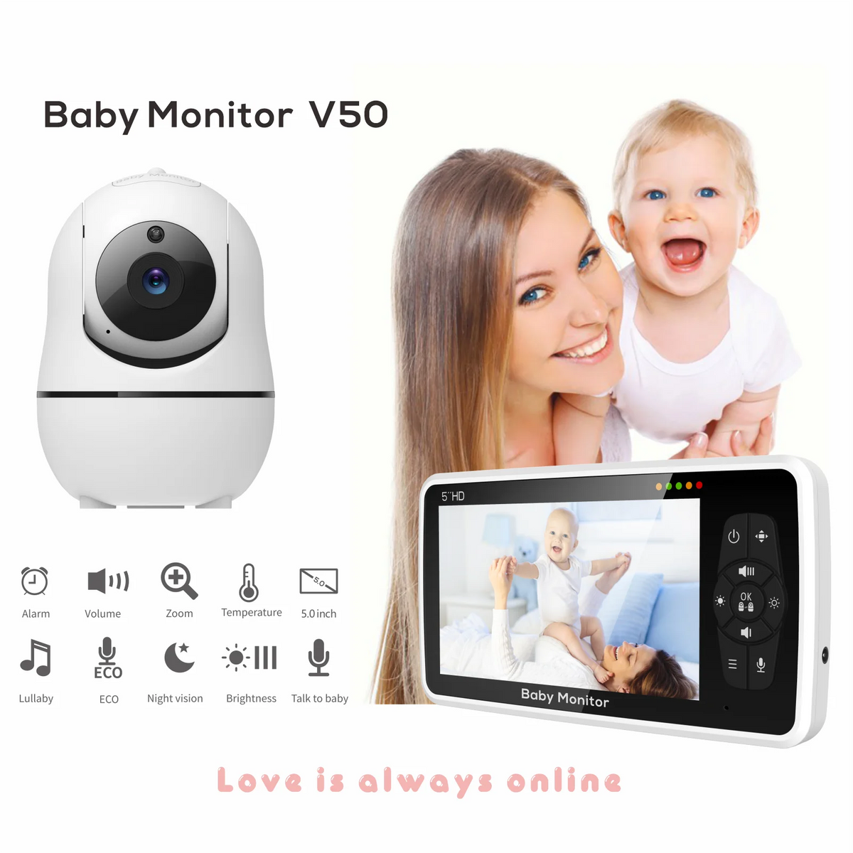 Video Baby Monitor with 5-Inch Screen – 4X Zoom | 22-Hour Battery | 1000ft Range | 2-Way Audio | Temperature Sensor & Lullaby