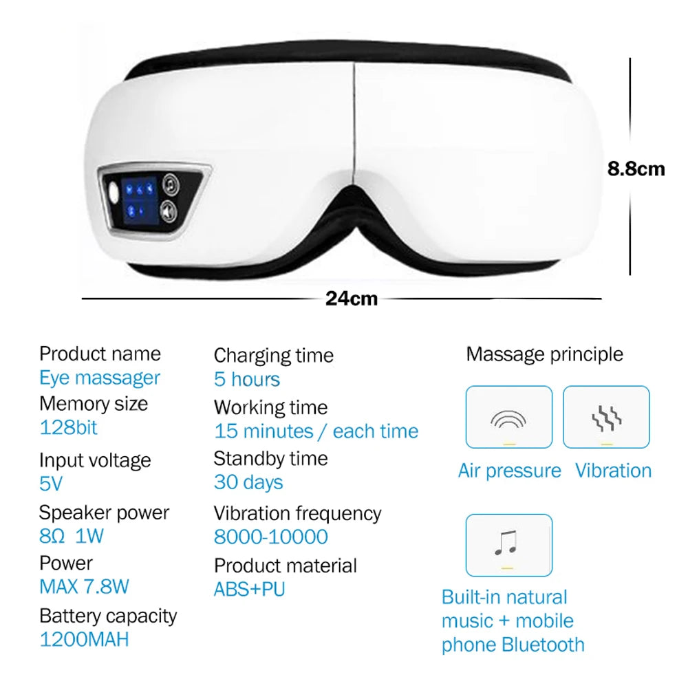 Smart Eye Massager – Airbag Compression, Heat & Vibration | Bluetooth Music | Fatigue Relief & Sleep Aid