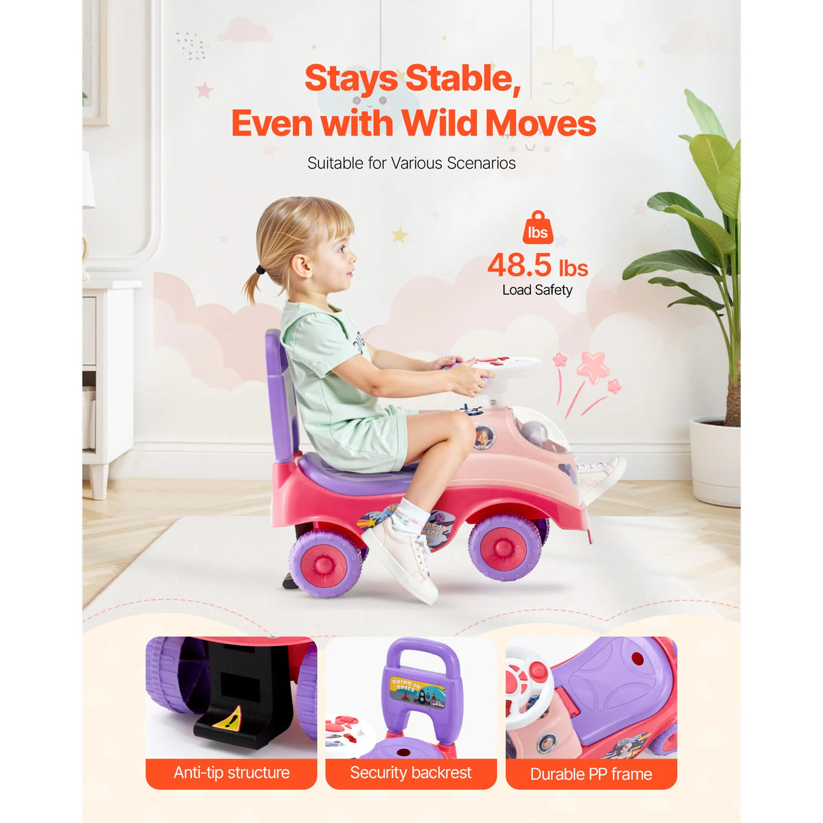 Ride On Push Car With Horn Music Under Seat Storage For Toddlers Girls