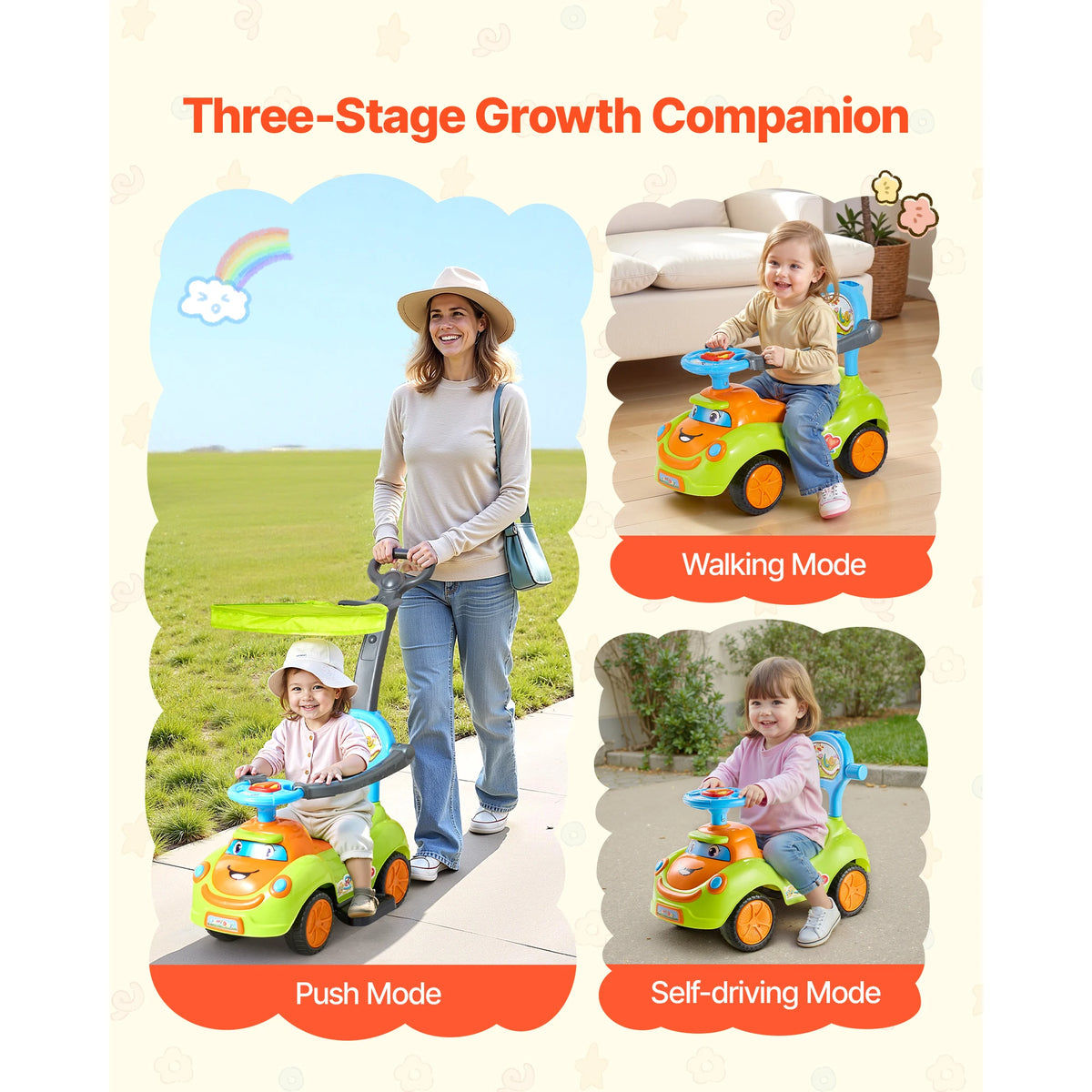 Ride On Push Car With Guardrails Handle Under Seat Storage For Boys Girls