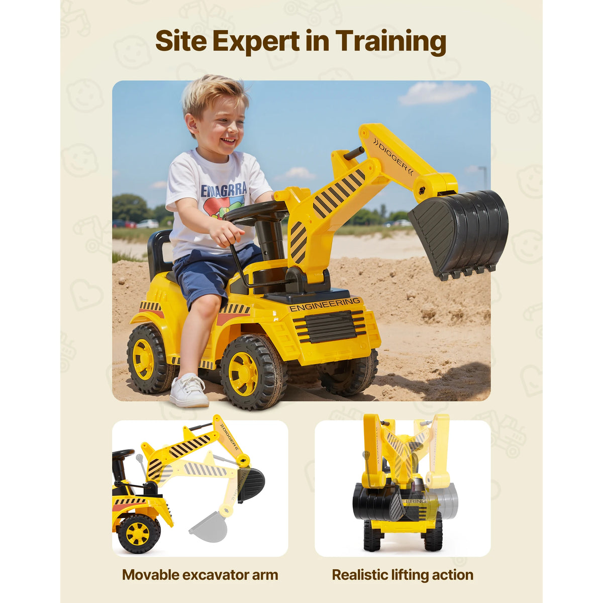 Excavator Digger Ride On Toy Car With Helmet Music For Toddlers Kids