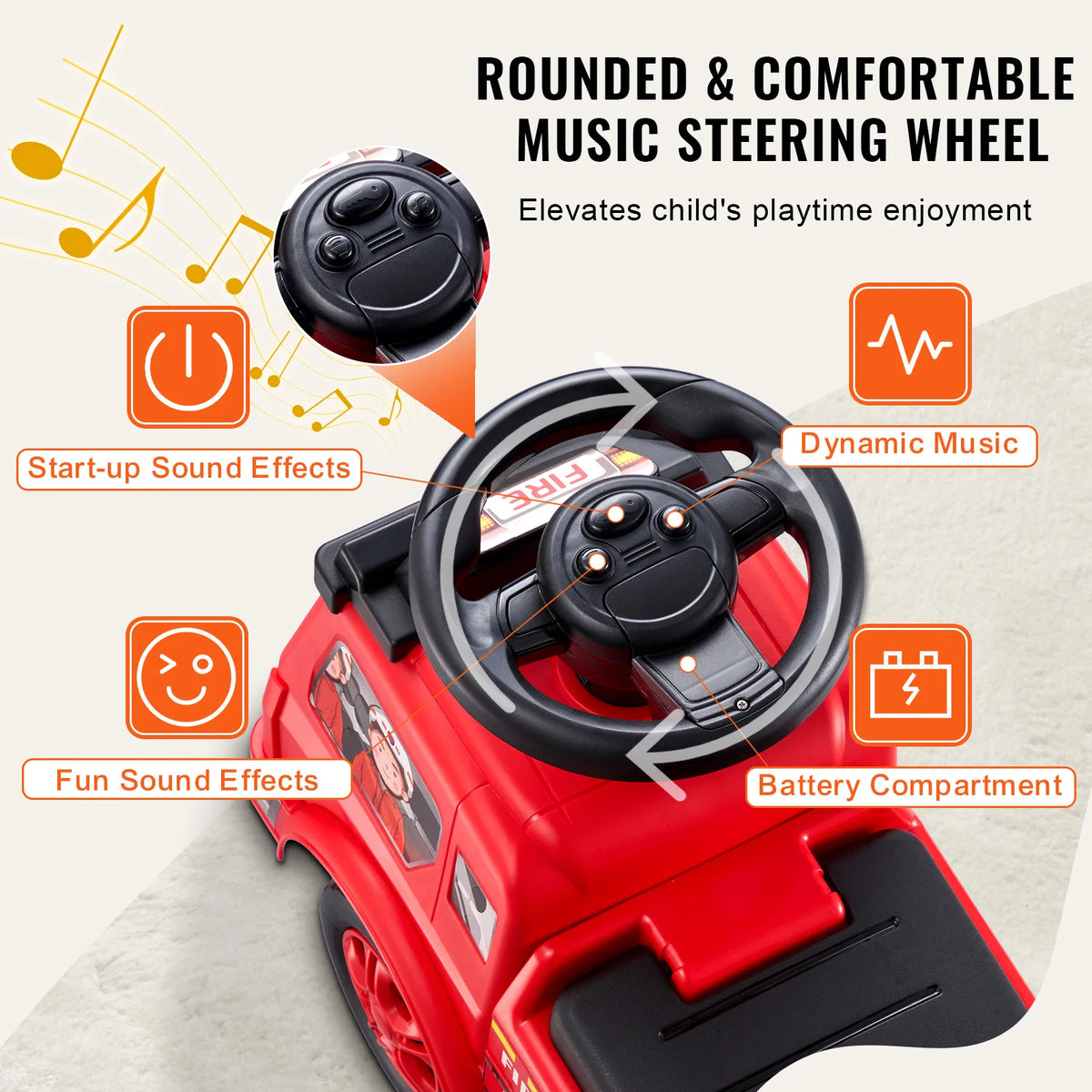 Fire Truck Ride On Push Car With Music Steering Wheel Under Seat Storage