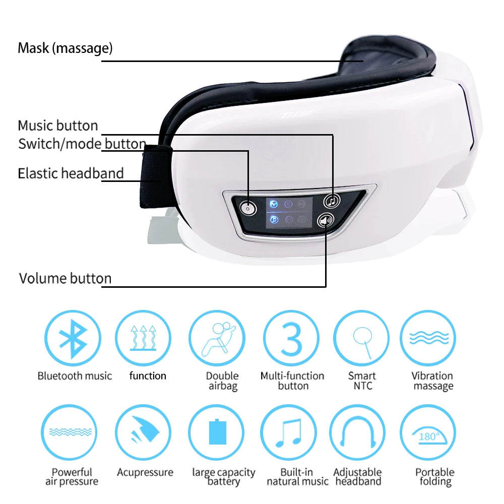 Smart Eye Massager – Airbag Compression, Heat & Vibration | Bluetooth Music | Fatigue Relief & Sleep Aid