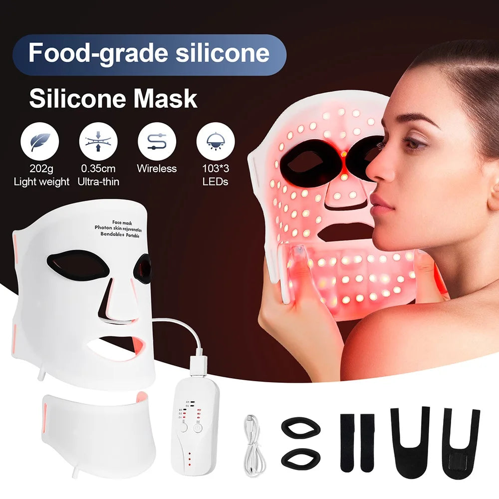 Silicone LED Face & Neck Mask – 7 Colour Photon Therapy | Red Light & Infrared | Wireless & Flexible | Skin Repair