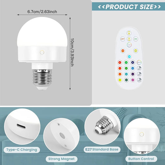 Rechargeable Light Bulb With Remote Control, Timing Function, Dimming and RGB, Battery Powered, Suitable for Wireless Wall Light