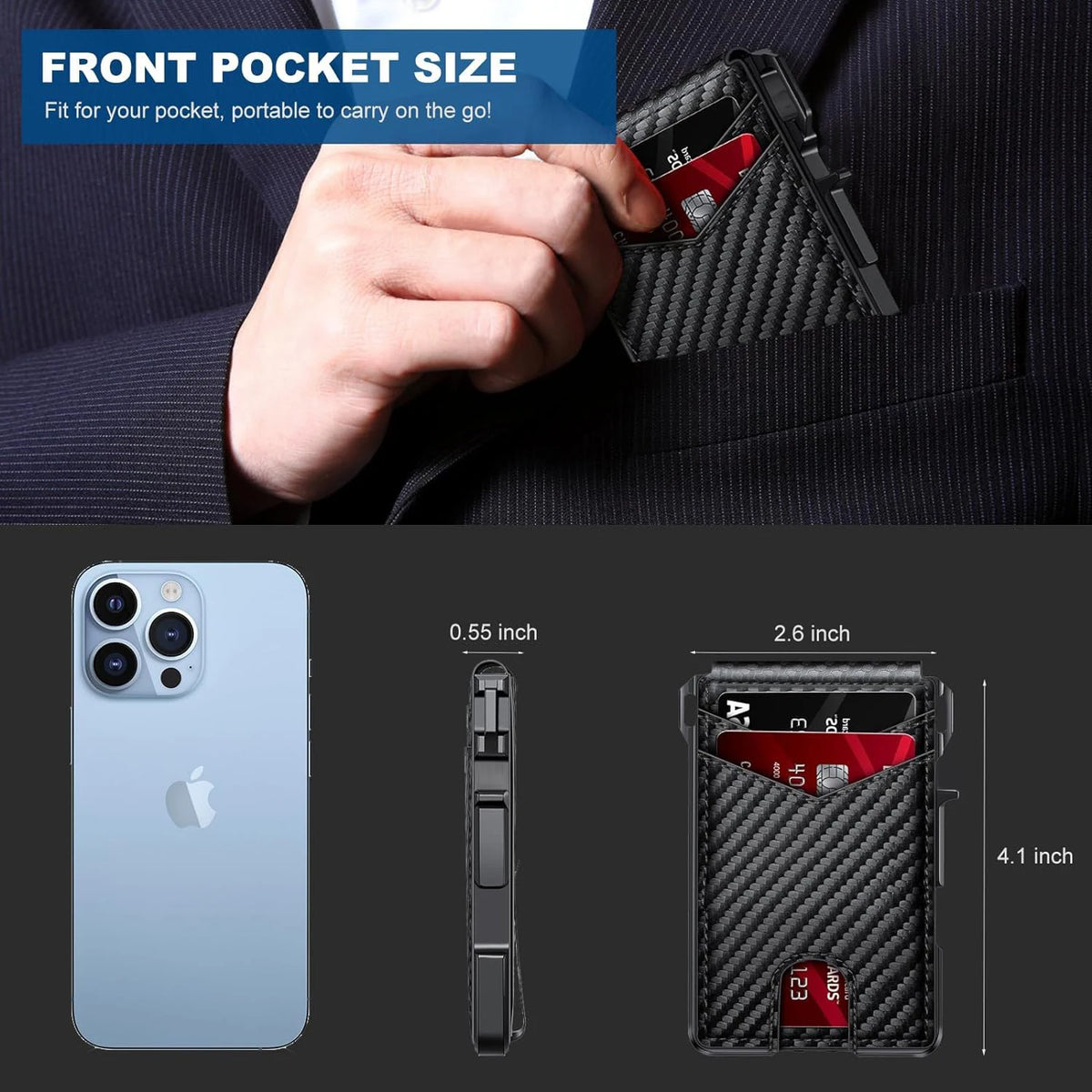 RFID Blocking Mens Wallet Slim Pop Up Metal Card Holder With Money Clip