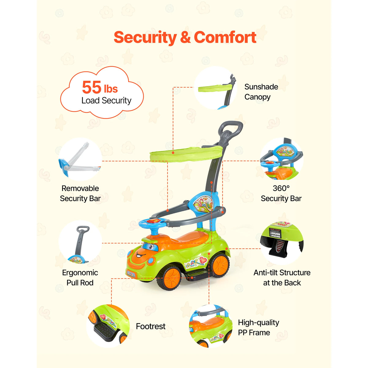 Ride On Push Car With Guardrails Handle Under Seat Storage For Boys Girls