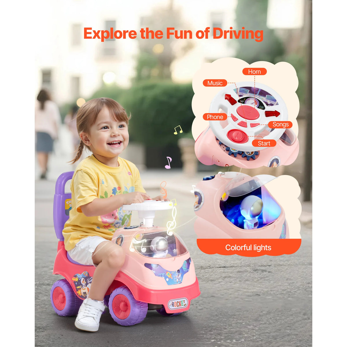 Ride On Push Car With Horn Music Under Seat Storage For Toddlers Girls