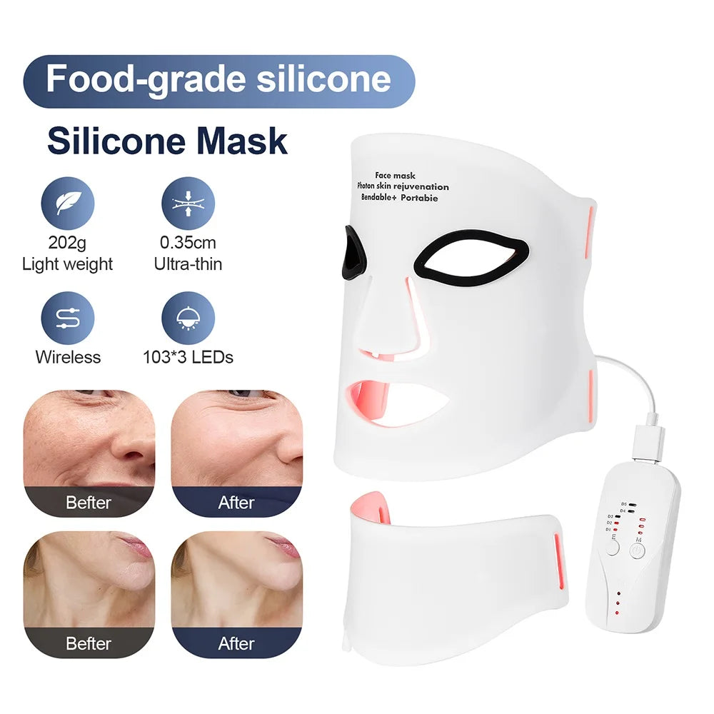 Silicone LED Face & Neck Mask – 7 Colour Photon Therapy | Red Light & Infrared | Wireless & Flexible | Skin Repair