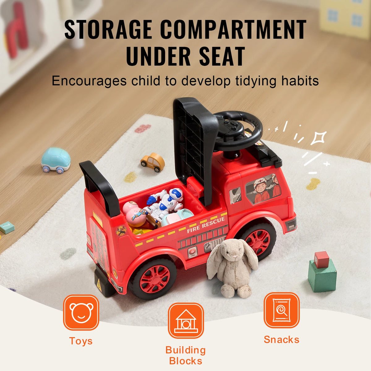 Fire Truck Ride On Push Car With Music Steering Wheel Under Seat Storage