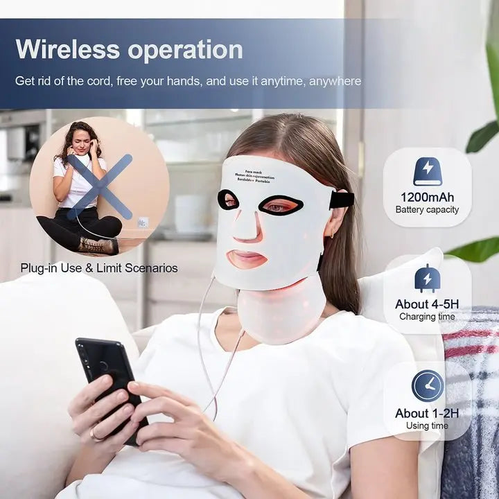 Silicone LED Face & Neck Mask – 7 Colour Photon Therapy | Red Light & Infrared | Wireless & Flexible | Skin Repair