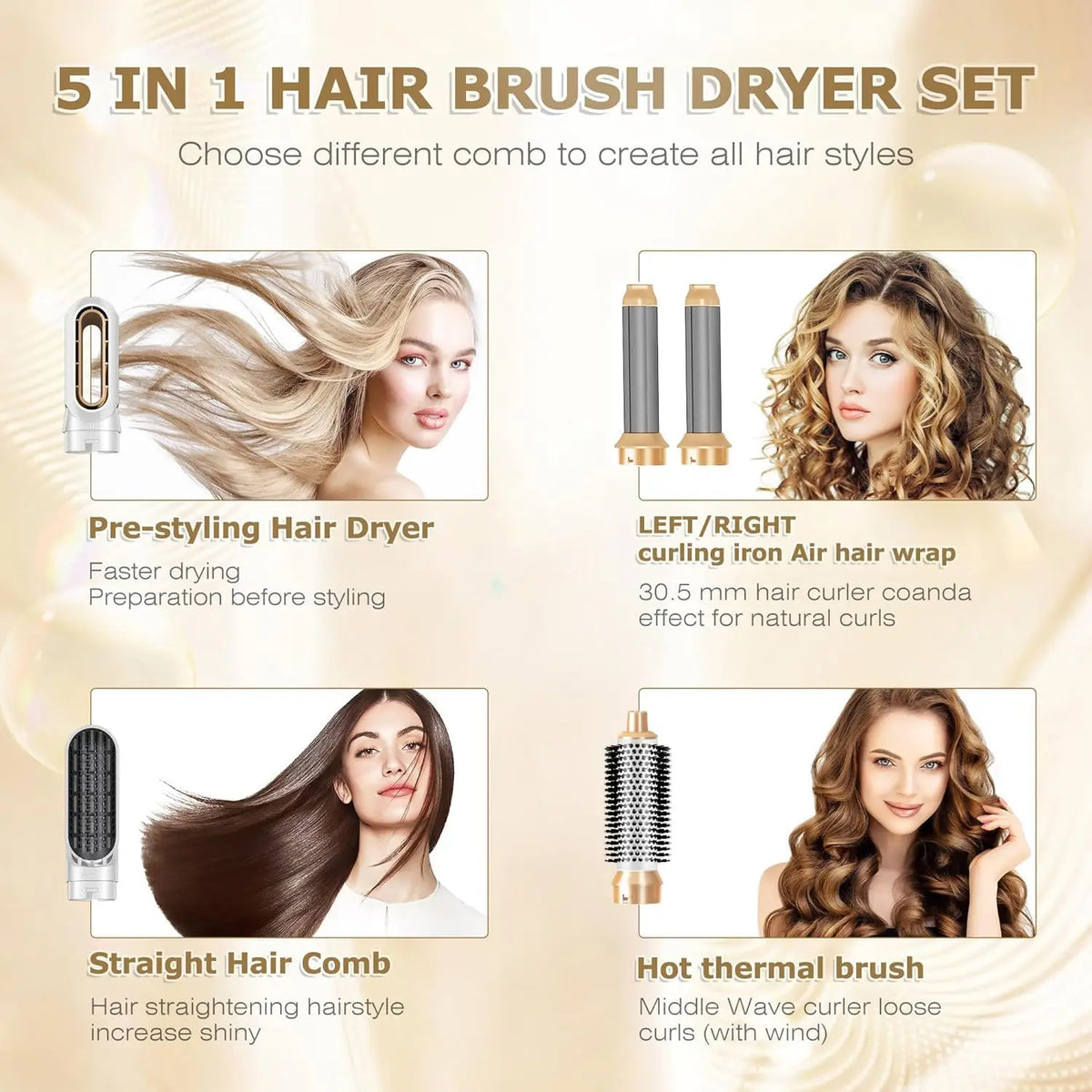 5-in-1 Hair Dryer Brush Set Multifunctional Styler Kit Curling Straightening