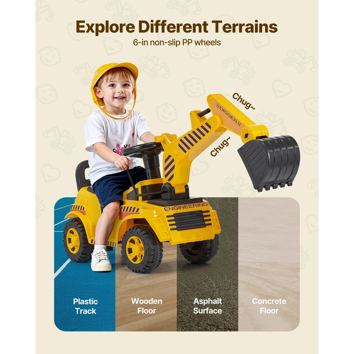 Excavator Digger Ride On Toy Car With Helmet Music For Toddlers Kids