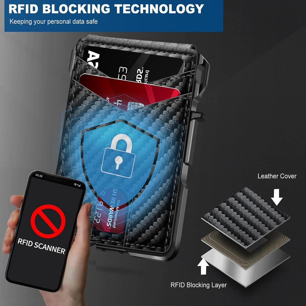 RFID Blocking Mens Wallet Slim Pop Up Metal Card Holder With Money Clip
