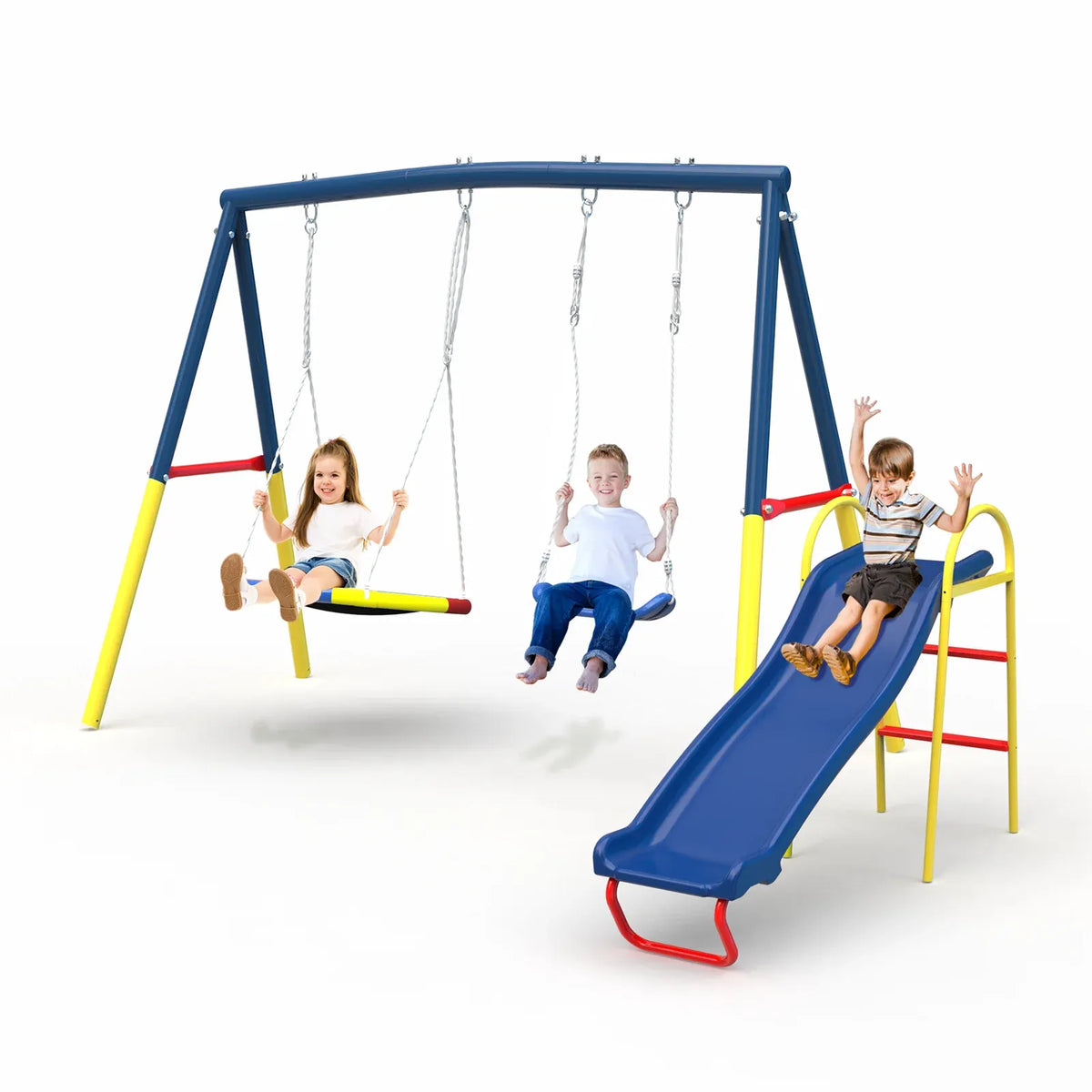 3 in 1 Outdoor Swing Set with Saucer Swing Belt Swing and Slide