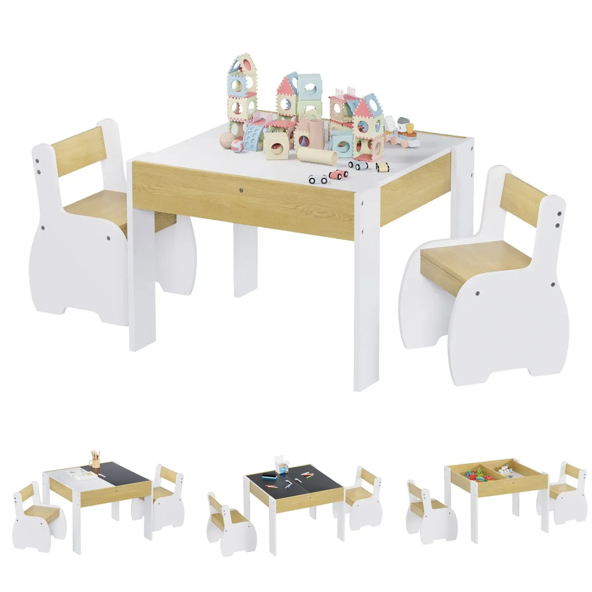 Kids Table and Chairs Set 3 Piece with Storage White