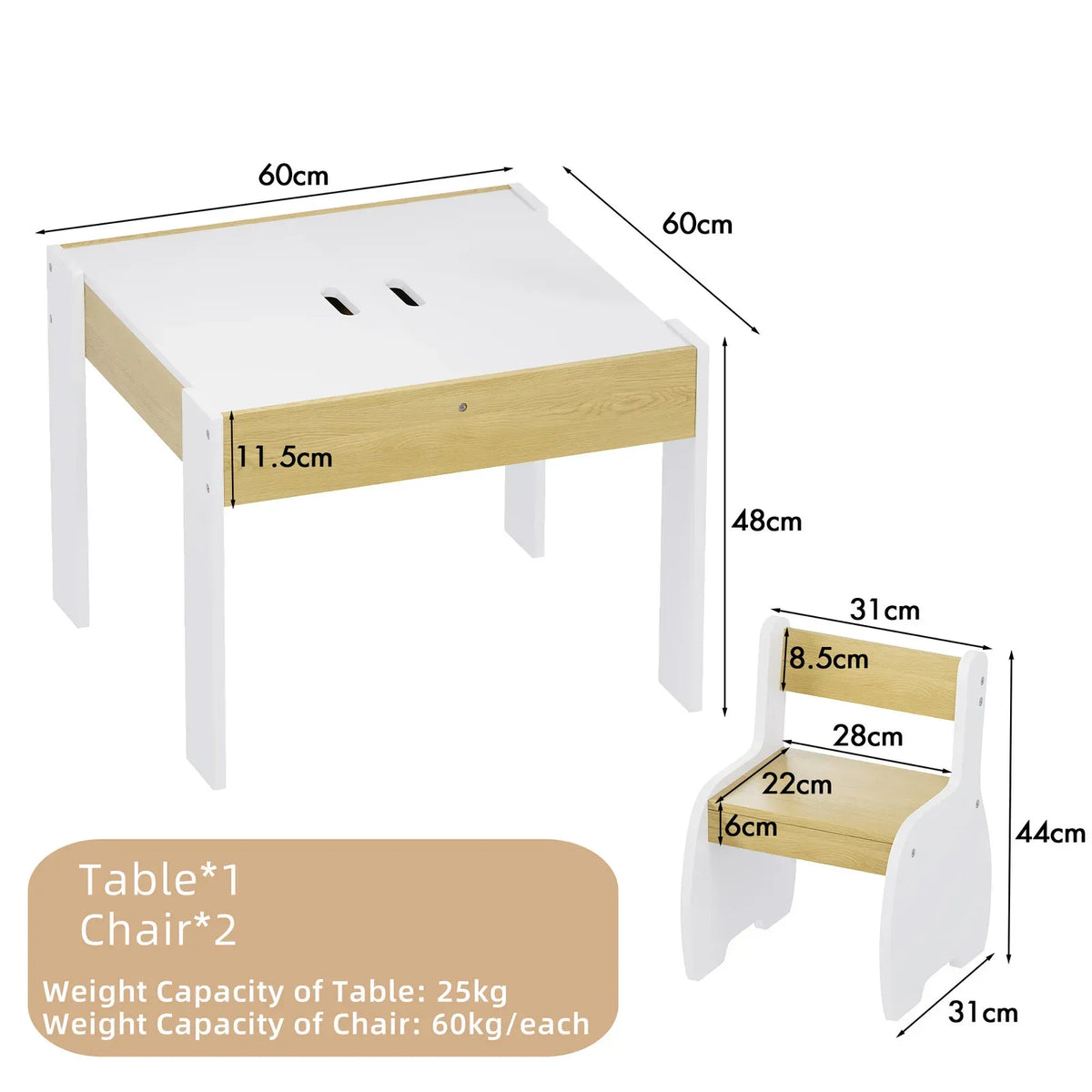 Kids Table and Chairs Set 3 Piece with Storage White