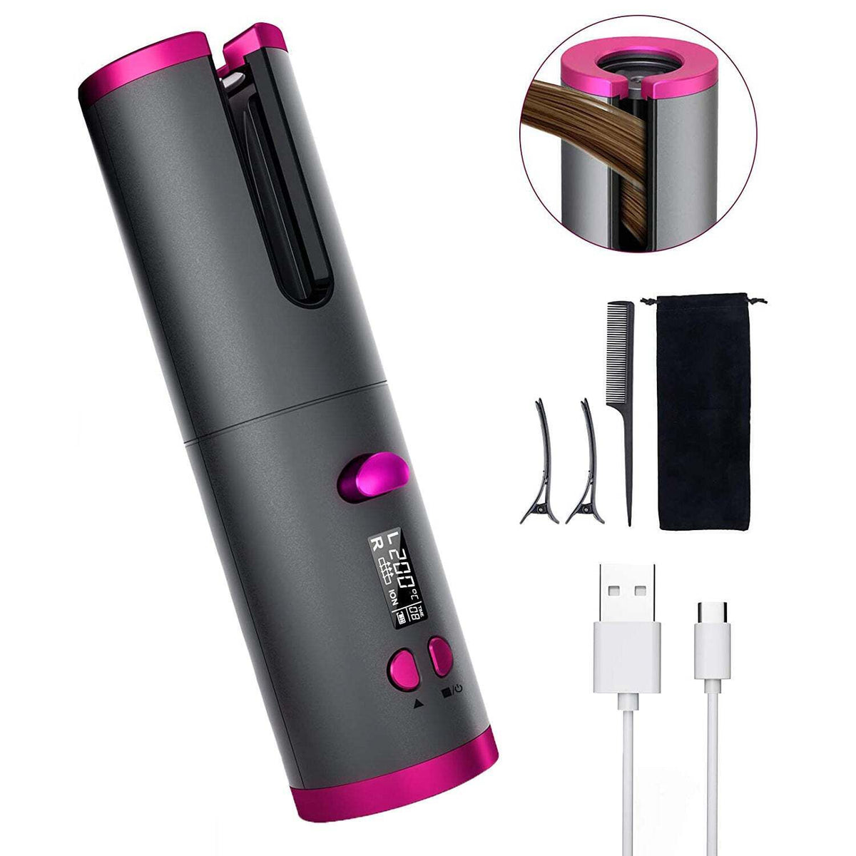 Cordless Automatic Hair Curler Rechargeable Grey and Pink