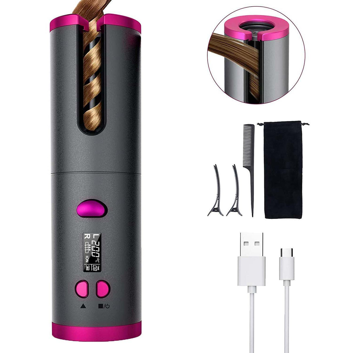 Cordless Automatic Hair Curler Rechargeable Grey and Pink