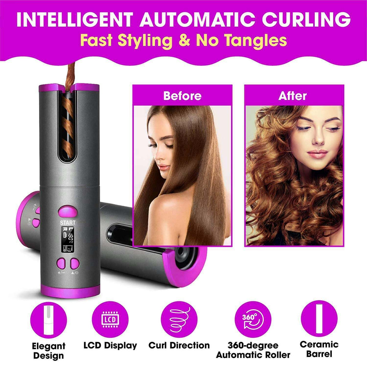 Cordless Automatic Hair Curler Rechargeable Grey and Pink