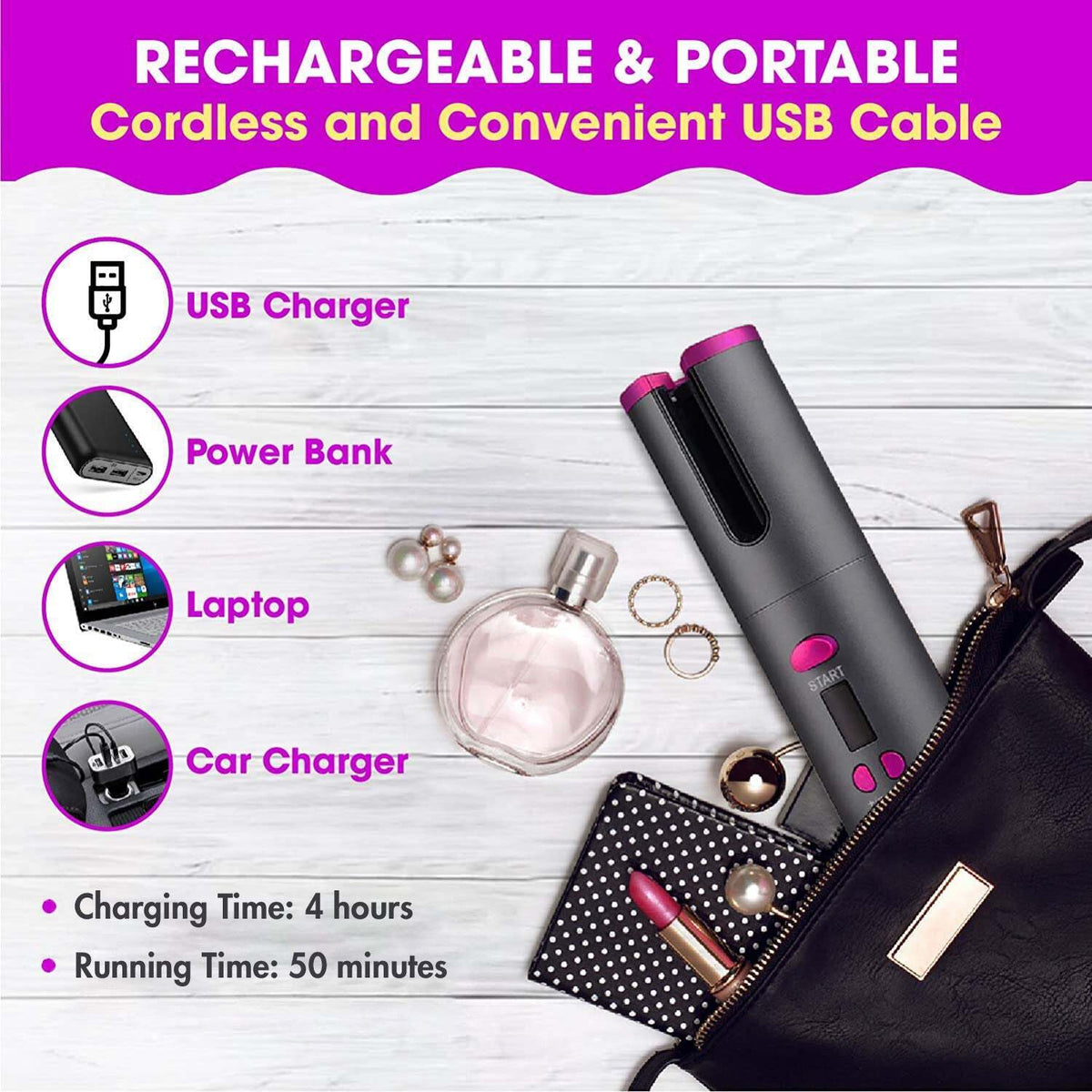 Cordless Automatic Hair Curler Rechargeable Grey and Pink