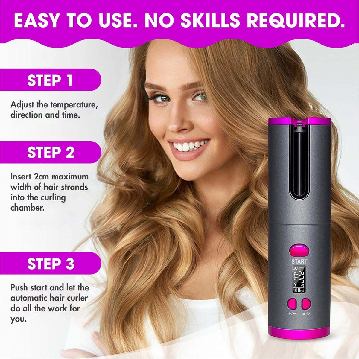 Cordless Automatic Hair Curler Rechargeable Grey and Pink