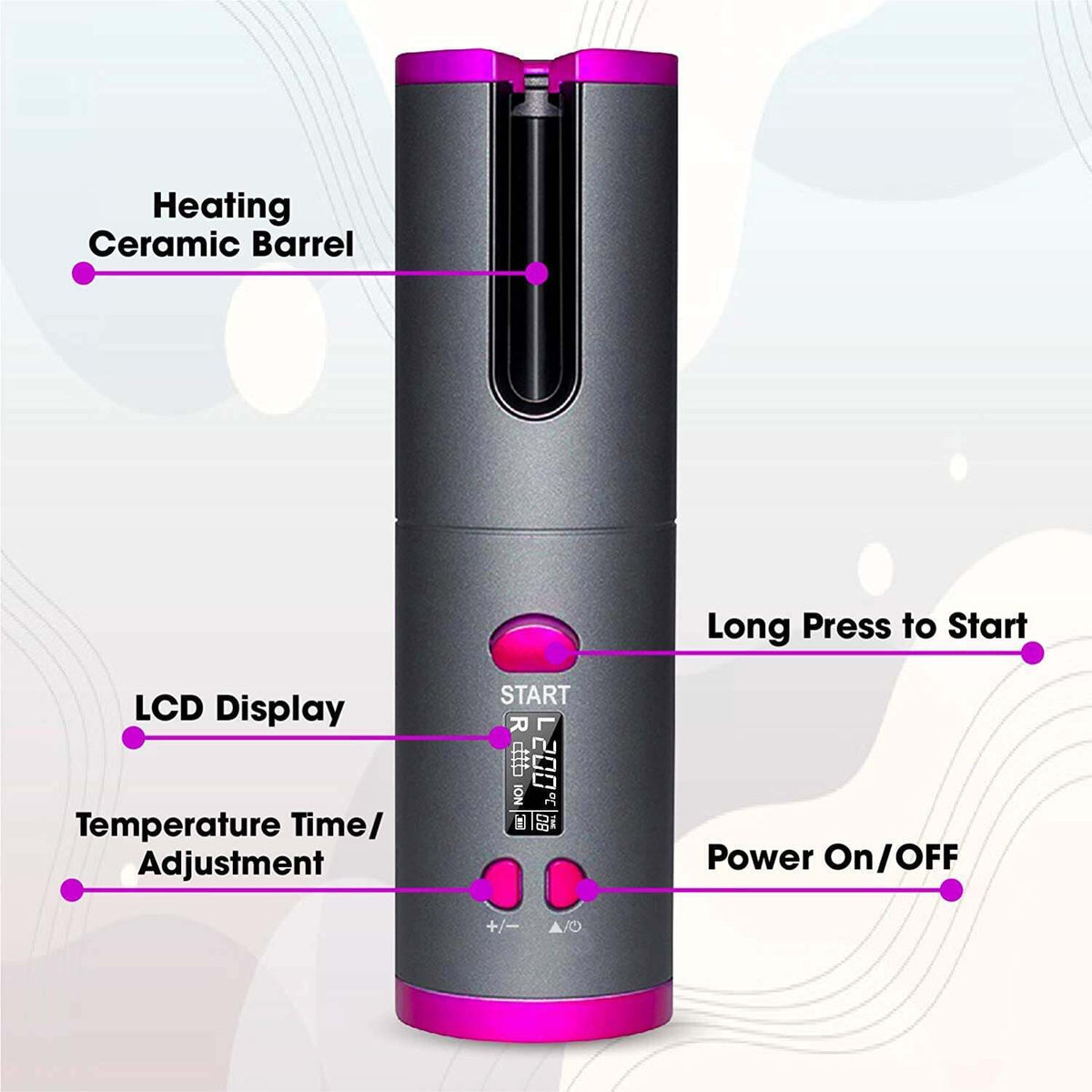Cordless Automatic Hair Curler Rechargeable Grey and Pink