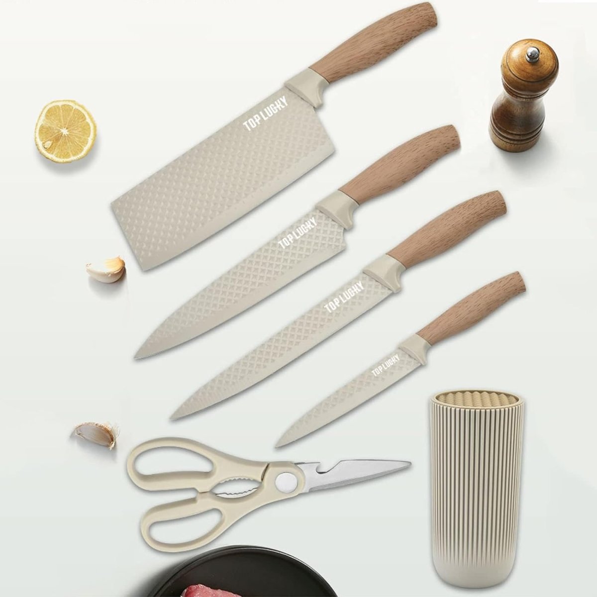 Kitchen Knife Set with Block 6 Piece Khaki