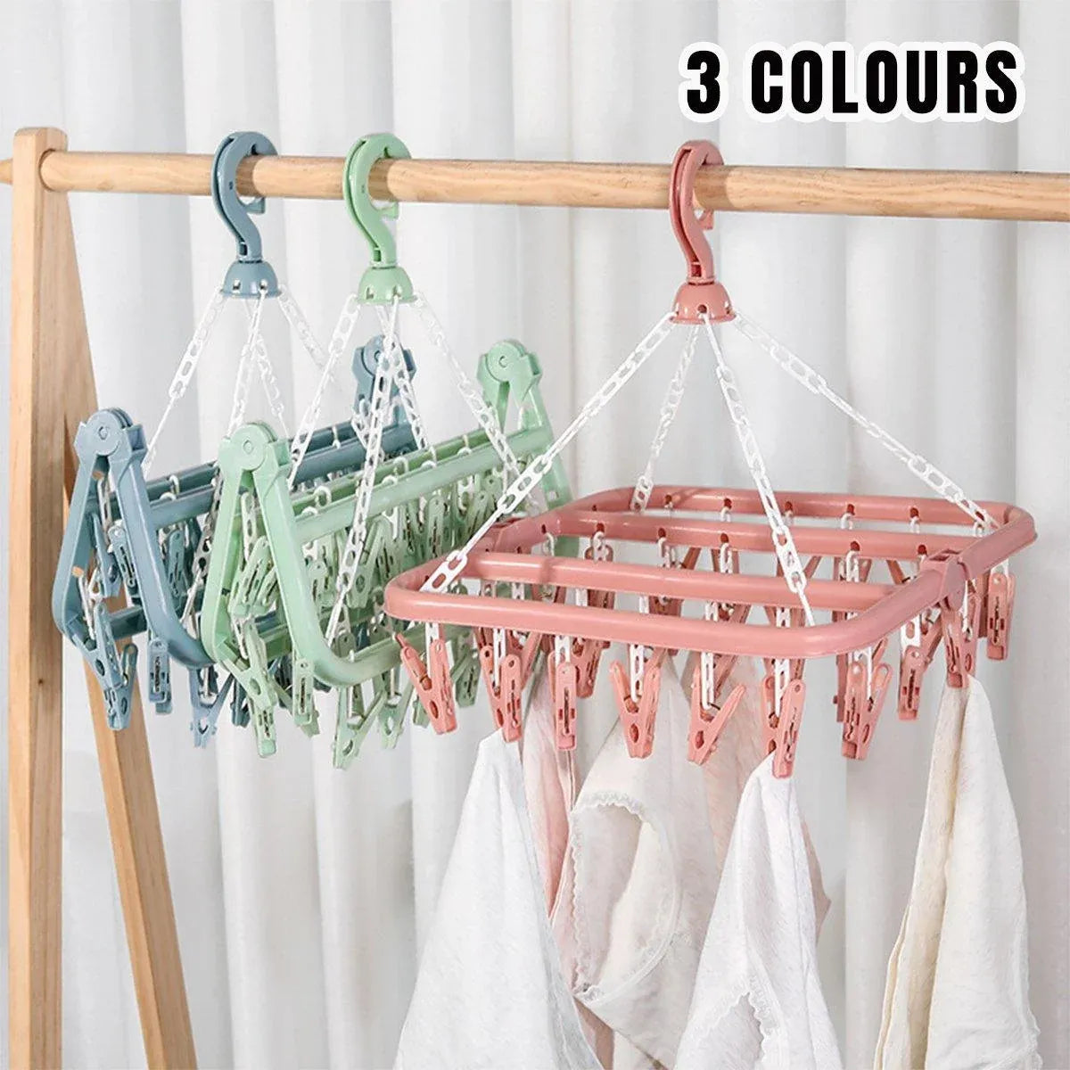 Multi Clip Clothes Drying Rack 3 Pack Blue Green Pink
