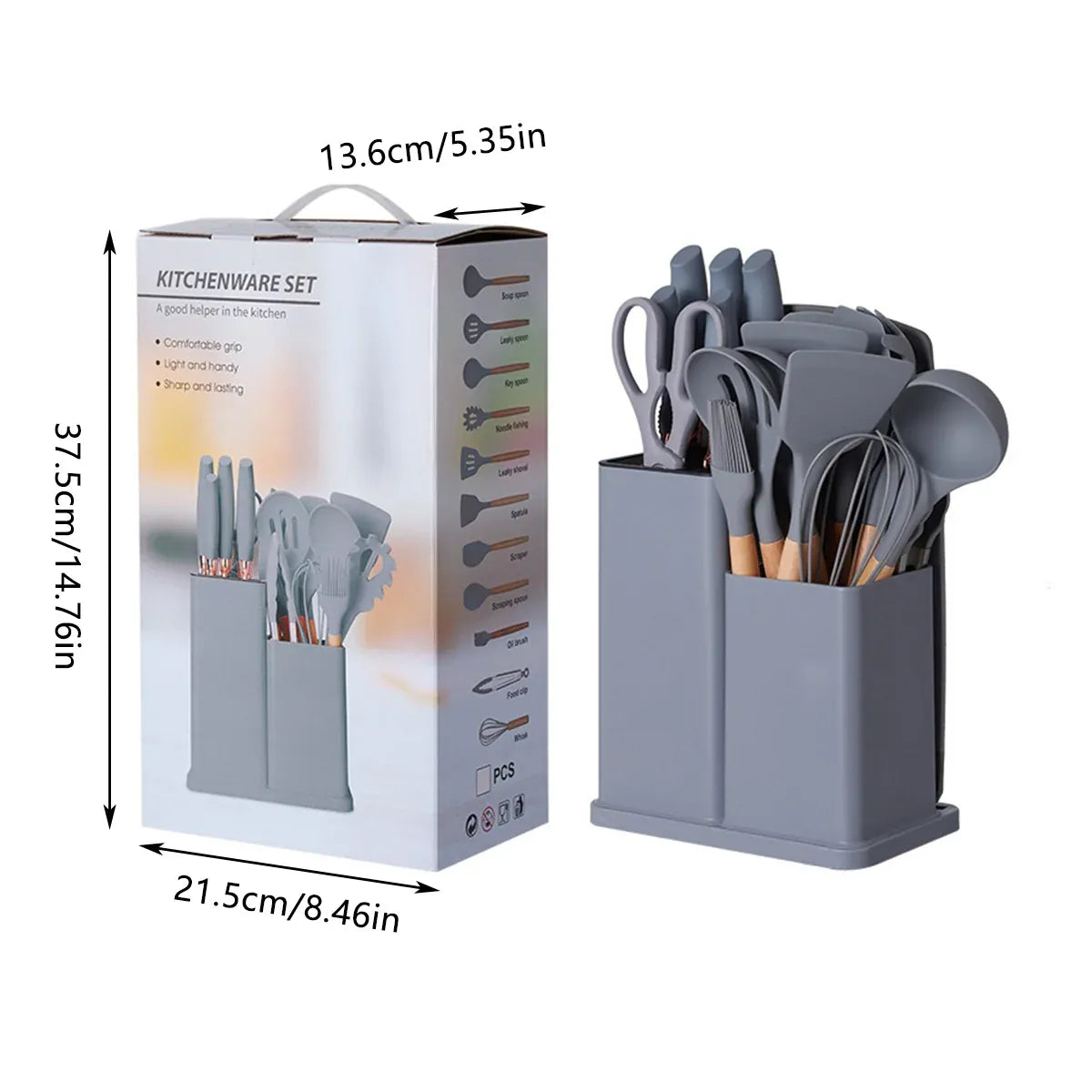 Kitchen Utensil Set with Holder 19 Piece Grey