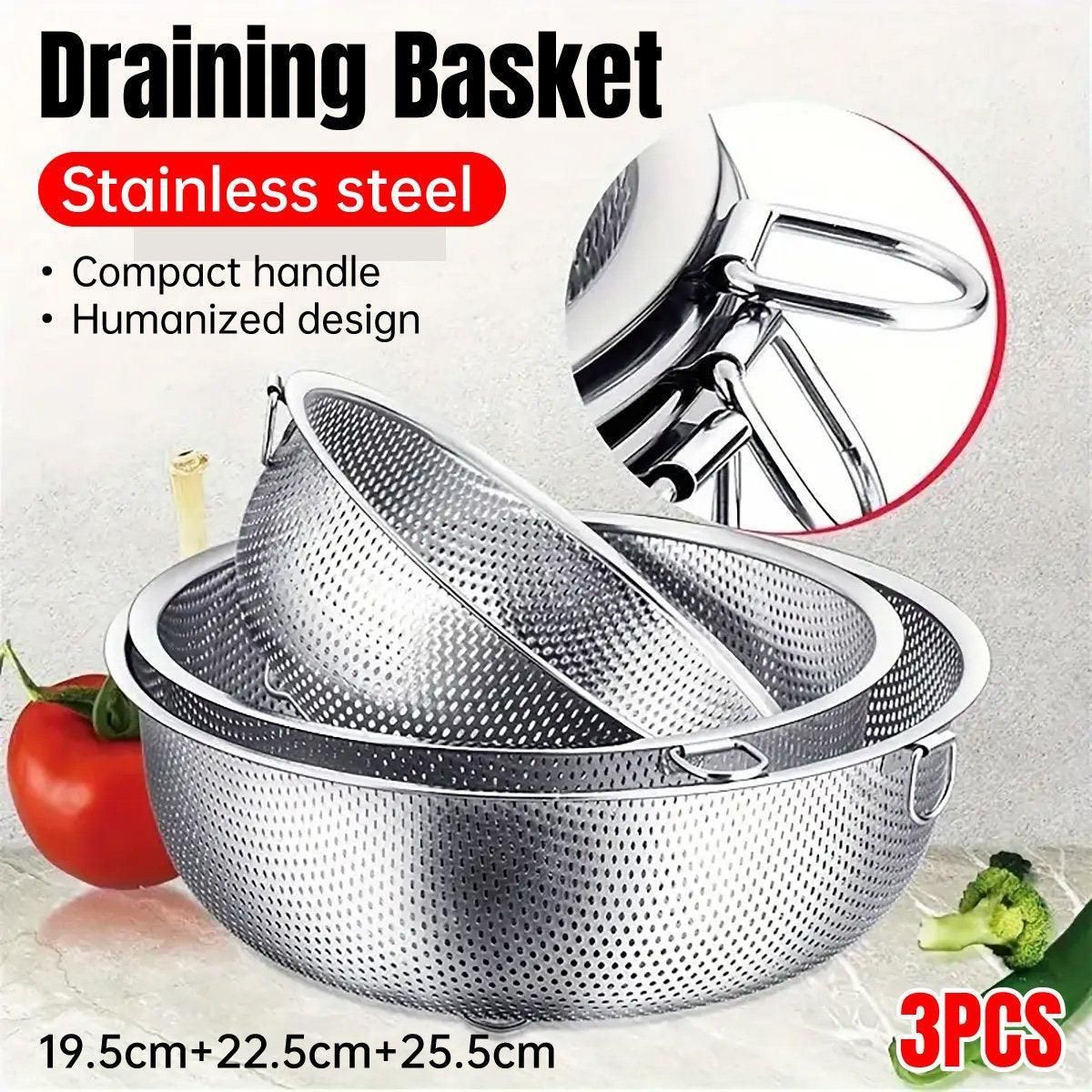 Perforated Colander Drain Basket Set 3 Piece