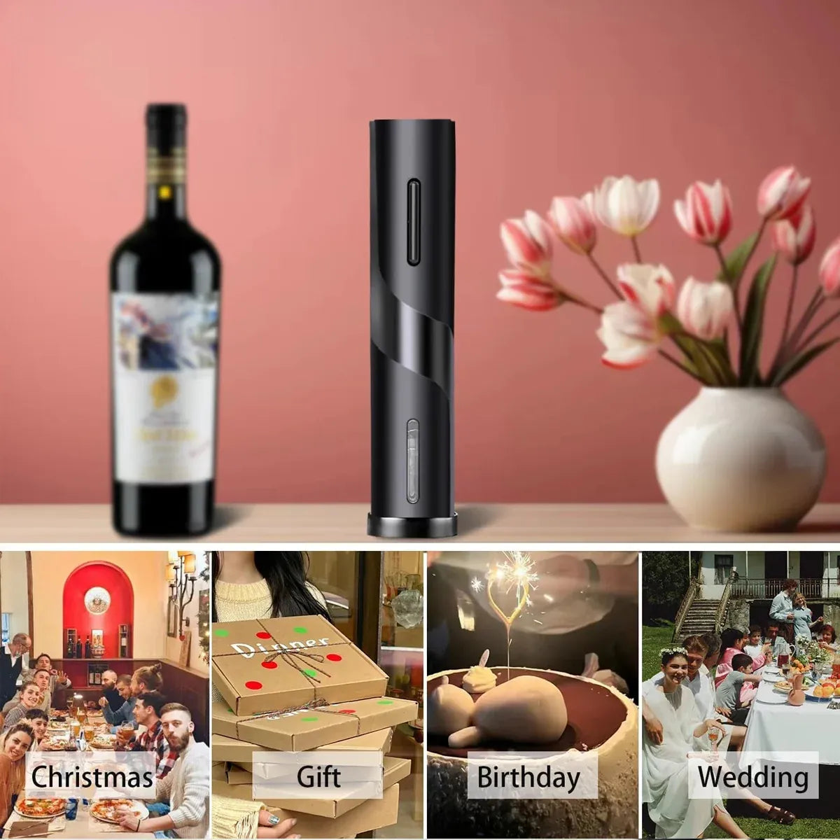 Electric Wine Opener Set with Aerator and Stopper Black