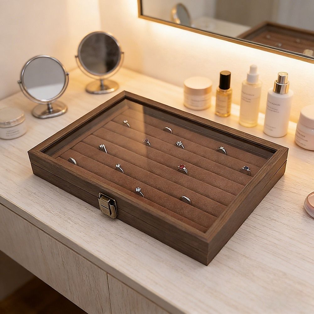 Wood Grain Jewellery Box with Glass Lid Brown