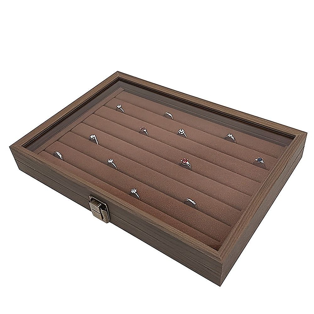Wood Grain Jewellery Box with Glass Lid Brown